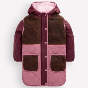 Longline Quilted Jacket-Maroon Banner Multi