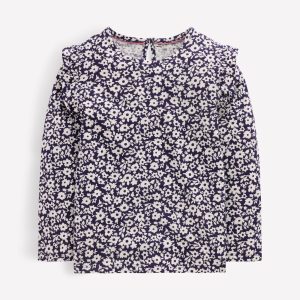 Frill Sleeve Slub Top-Navy Floral