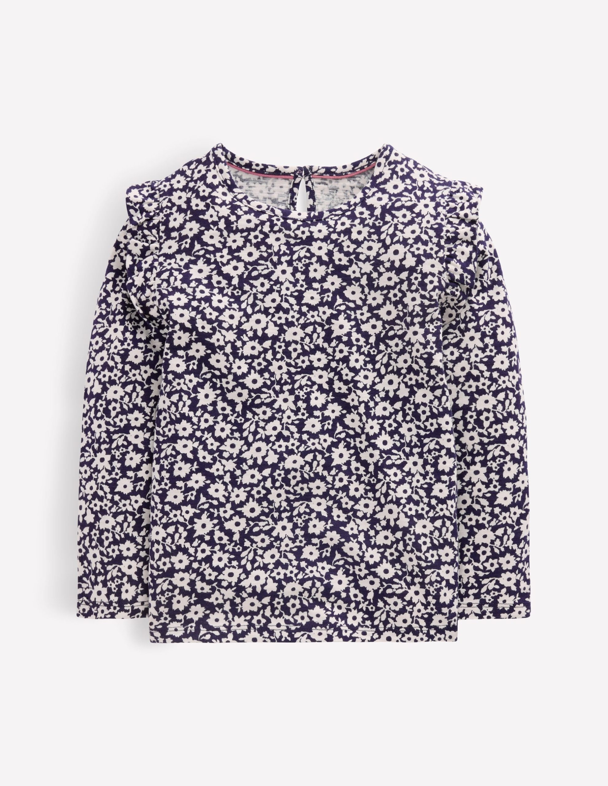 Frill Sleeve Slub Top-Navy Floral