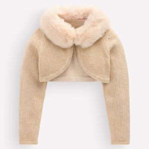 Faux Fur Trim Cropped Cardigan-Gold Spakle