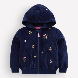 Velour Cosy Zip-through-Navy Floral Embroidery