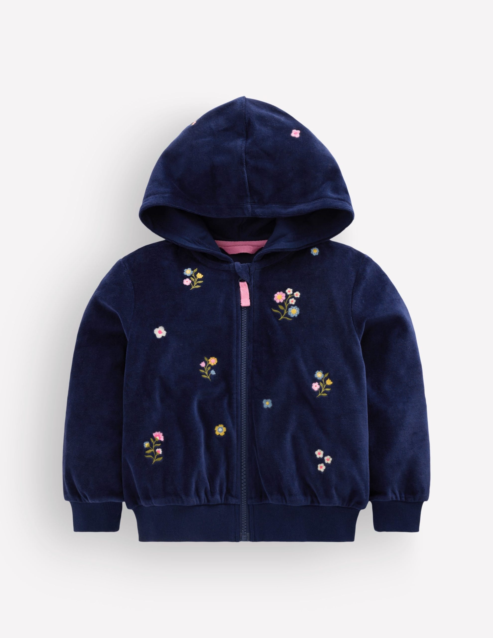 Velour Cosy Zip-through-Navy Floral Embroidery