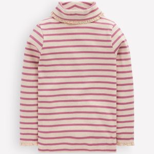 Lace Trim Roll Neck Top-Ivory/Pink Stripe