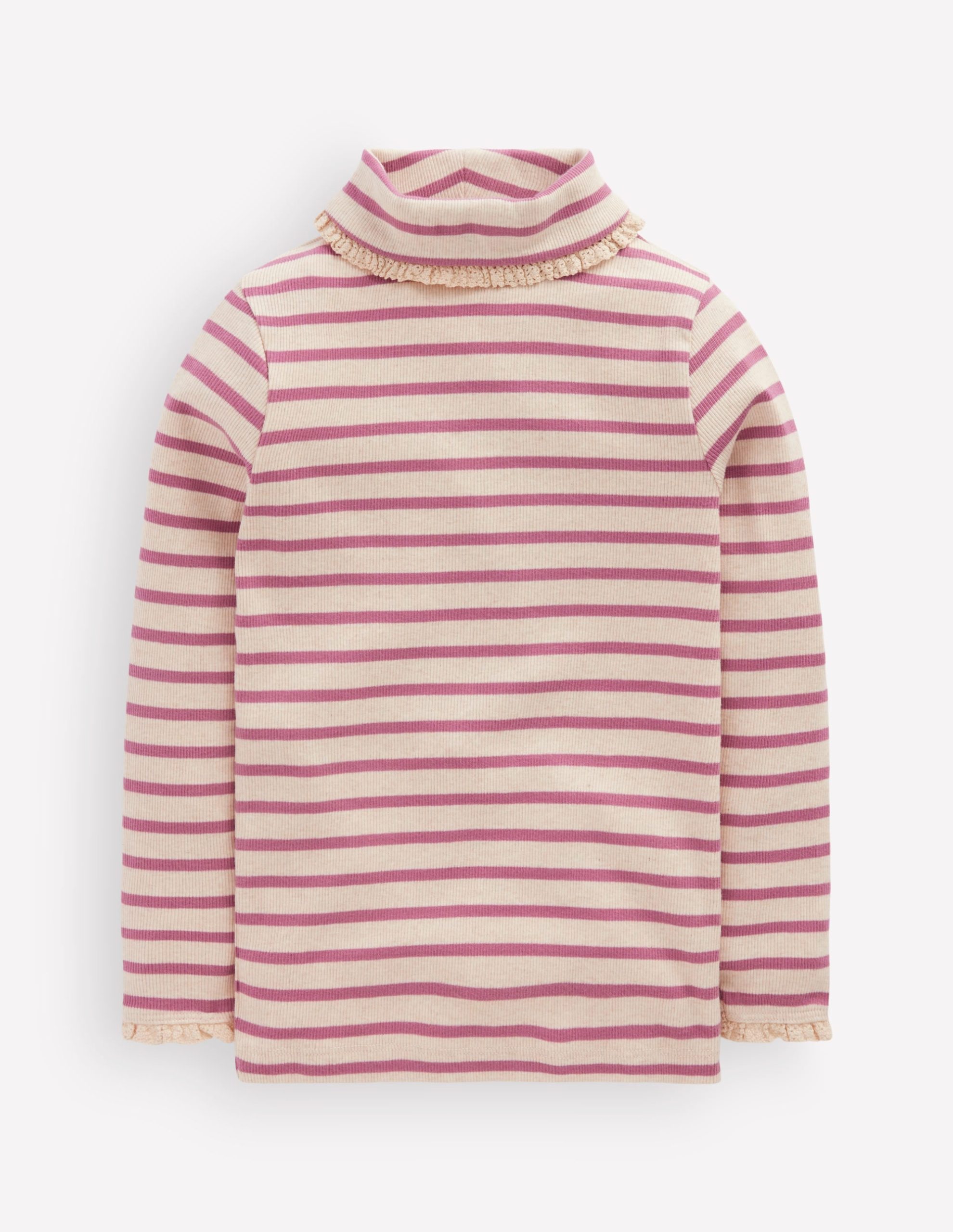 Lace Trim Roll Neck Top-Ivory/Pink Stripe