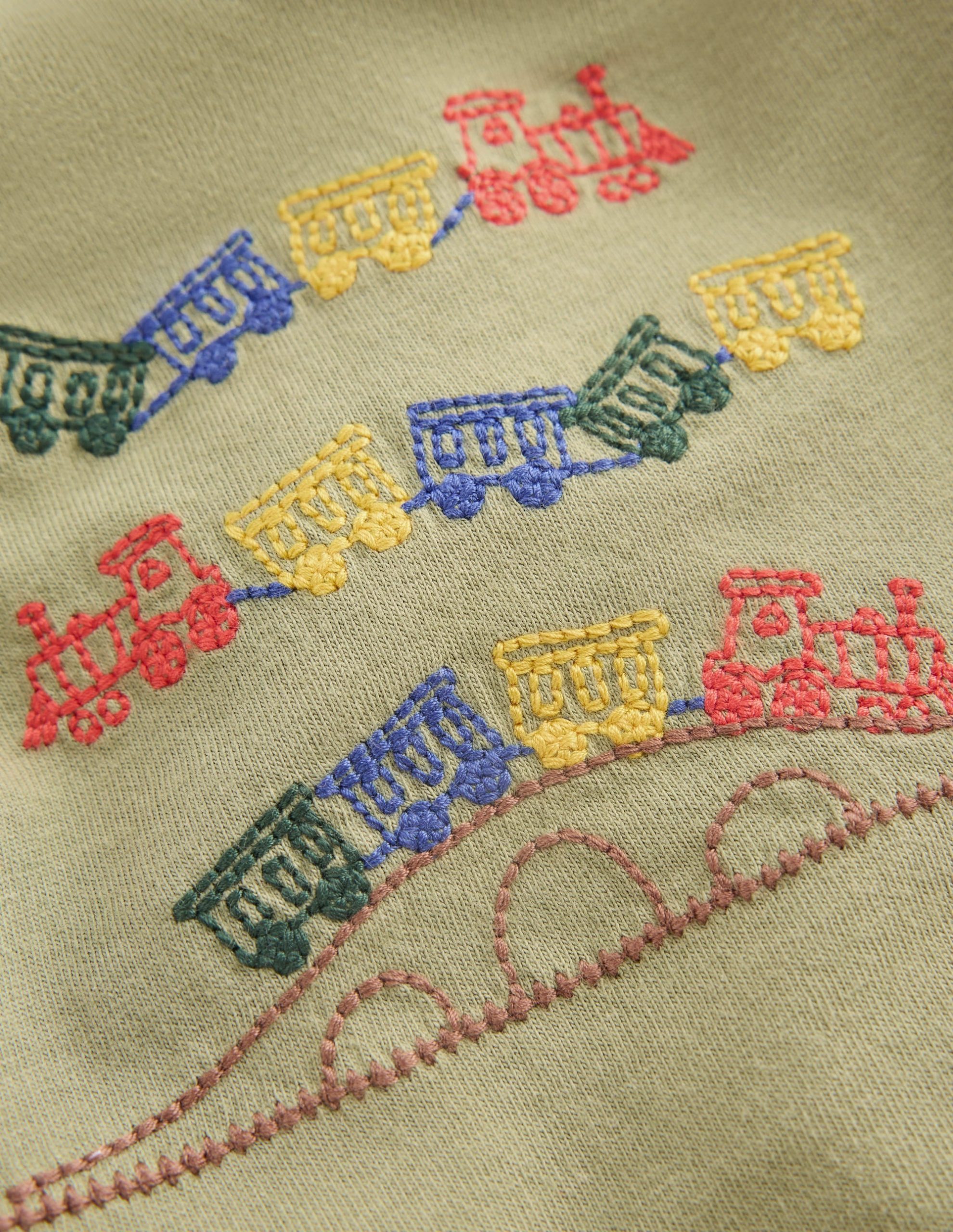 Long Sleeve Appliqué T-Shirt-Green Trains - Image 3