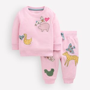 Appliqué Sweatshirt Set-Pale Pink Farm