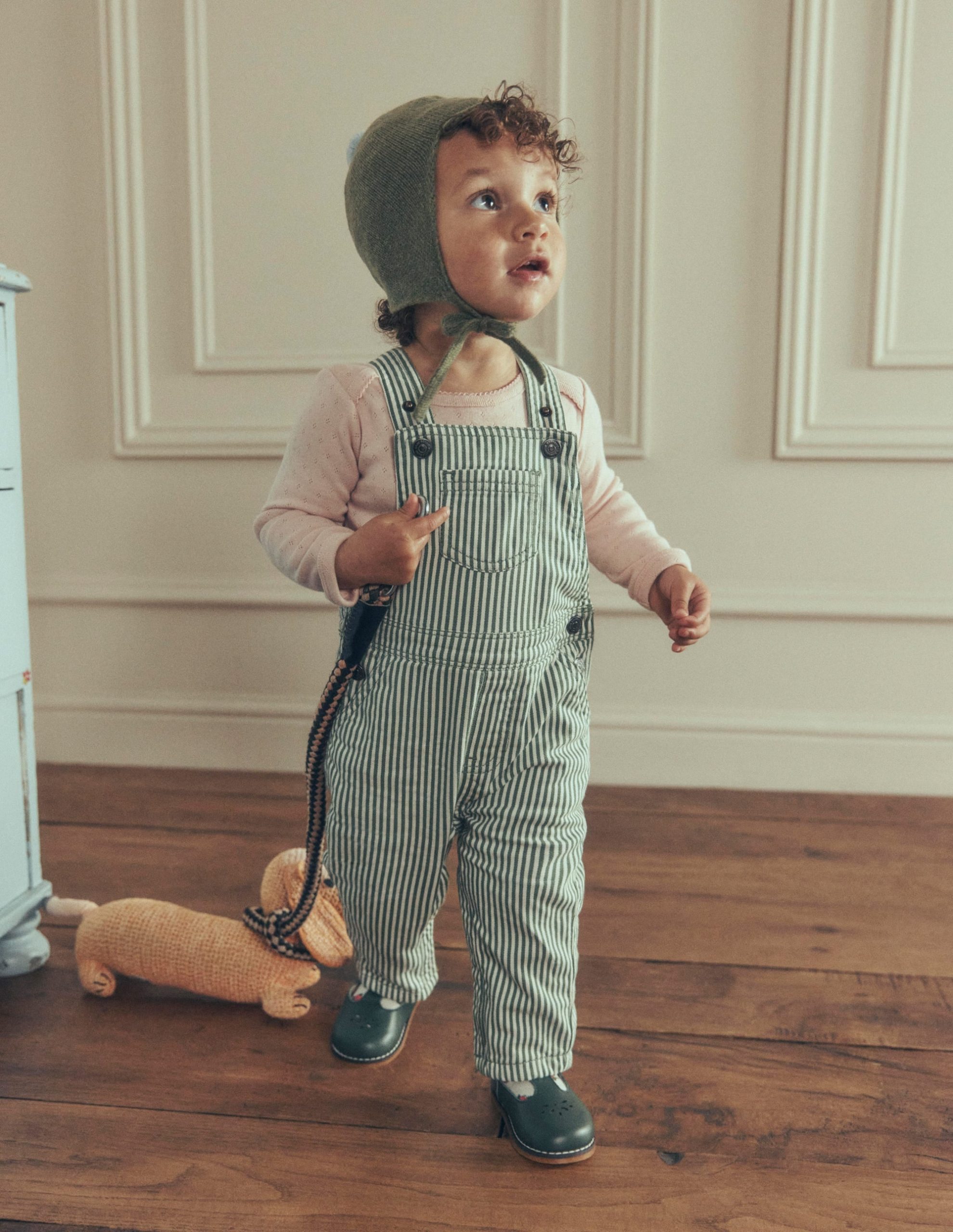 Woven Dungarees-Green Ticking Stripe