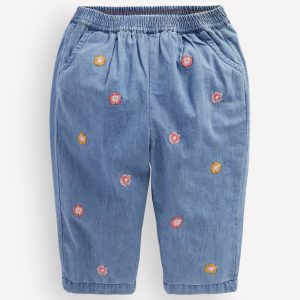 Embroidered Chambray Pants-Embroidered Chambray