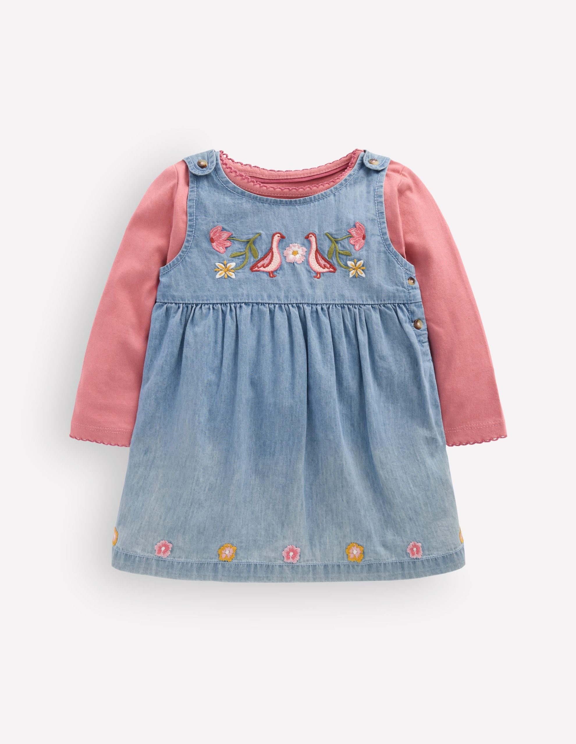 Embroidered Pinny Dress Set-Embroidered Chambray