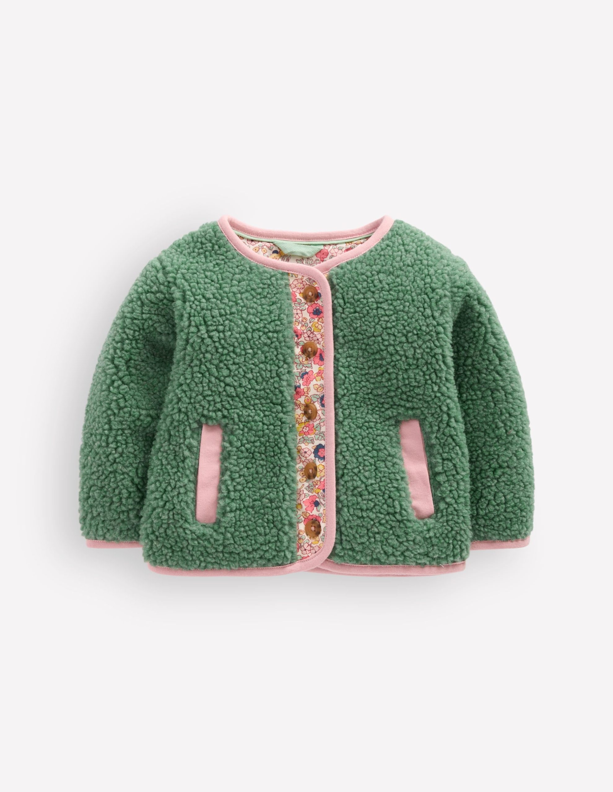 Cosy Borg Button-Down Jacket-Larch Green Floral