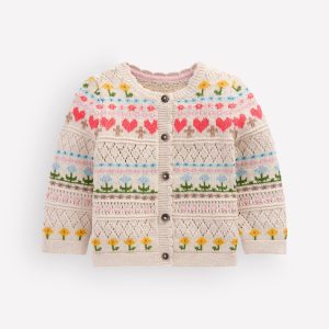 Cotton Fair Isle Cardigan-Oatmeal Marl Multi Flowers