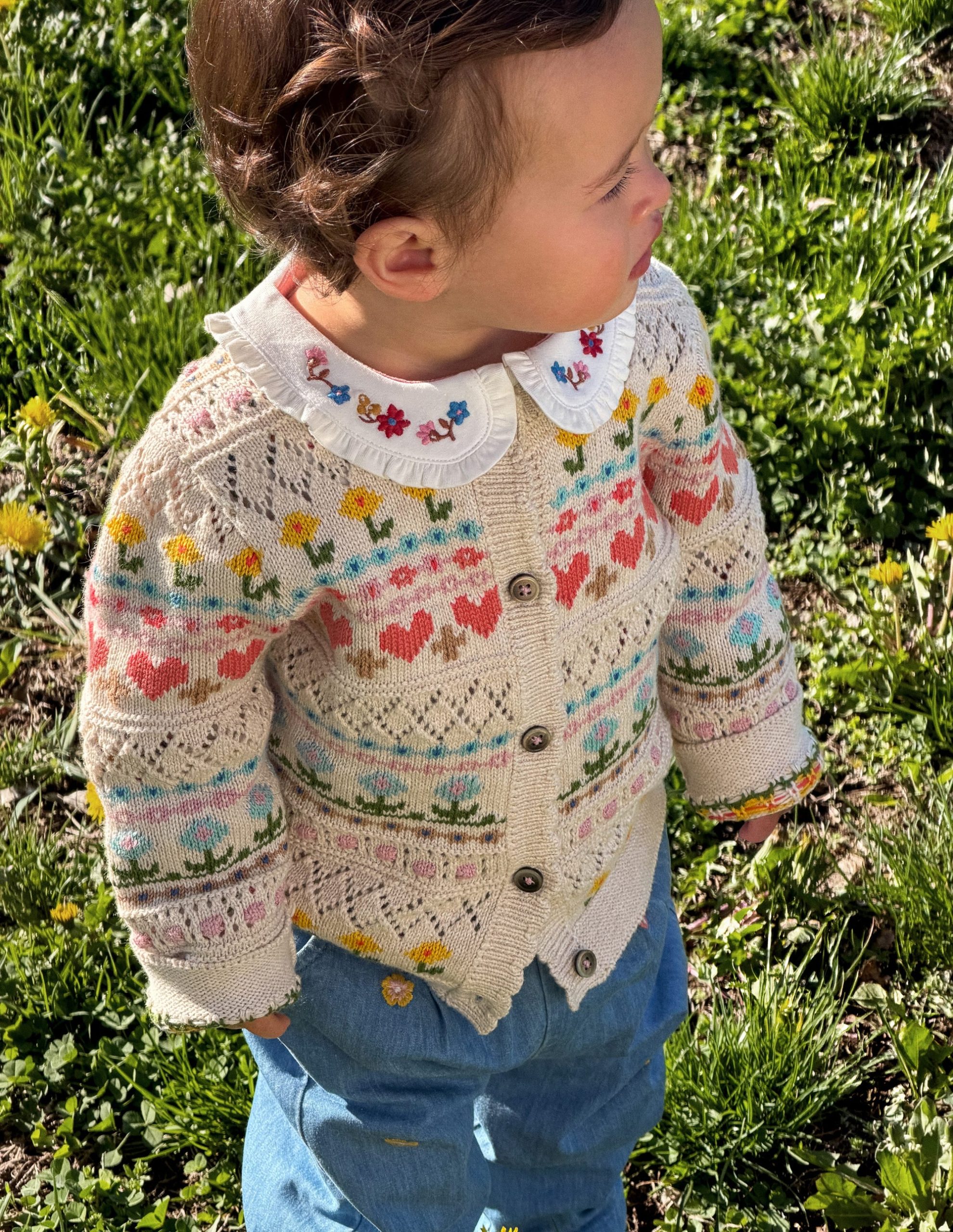 Cotton Fair Isle Cardigan-Oatmeal Marl Multi Flowers - Image 4