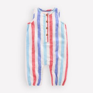 Button Down Romper-Red and Blue Multi Stripe