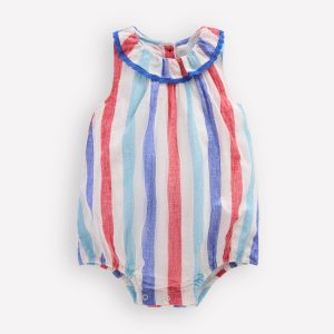 Frill Neck Bubble Romper-Red and Blue Multi Stripe
