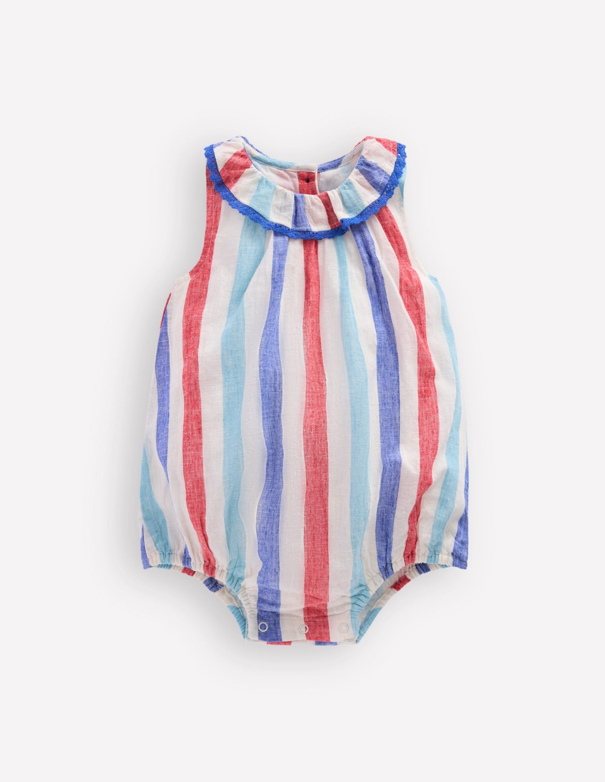 Frill Neck Bubble Romper-Red and Blue Multi Stripe