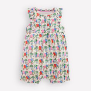 Short Frill Bubble Romper-Multi Elephant Woodblock