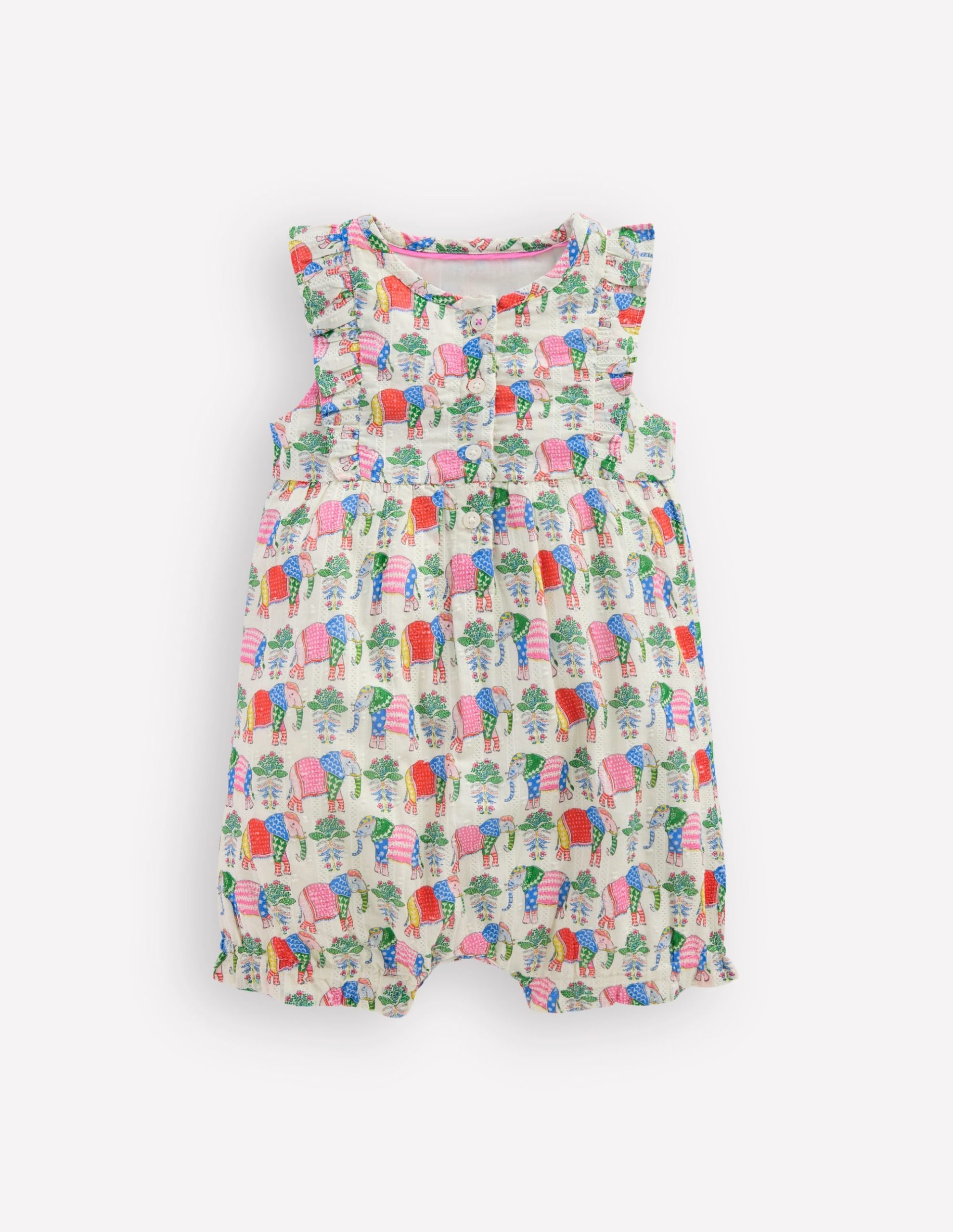 Short Frill Bubble Romper-Multi Elephant Woodblock
