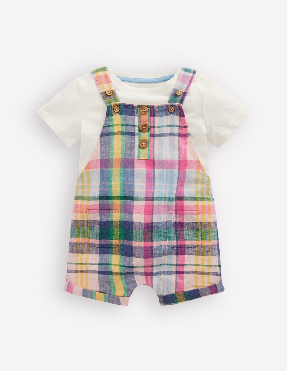 Short Woven Overalls Set-Madras Check