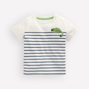Boys Embroidered T-Shirt-Blue Stripe Chameleon