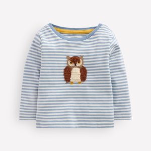 Long Sleeve Appliqu?? T-Shirt-Blue Owl