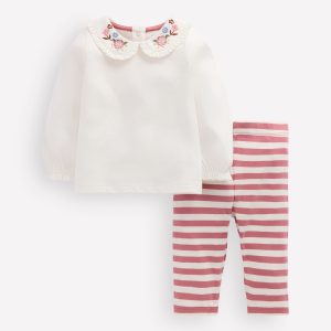 Collared Jersey Set-Ivory/Pink Embroidered