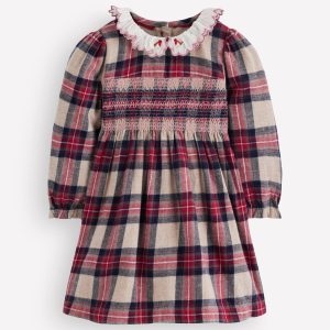 Smocked Party Dress-Oatmeal Check