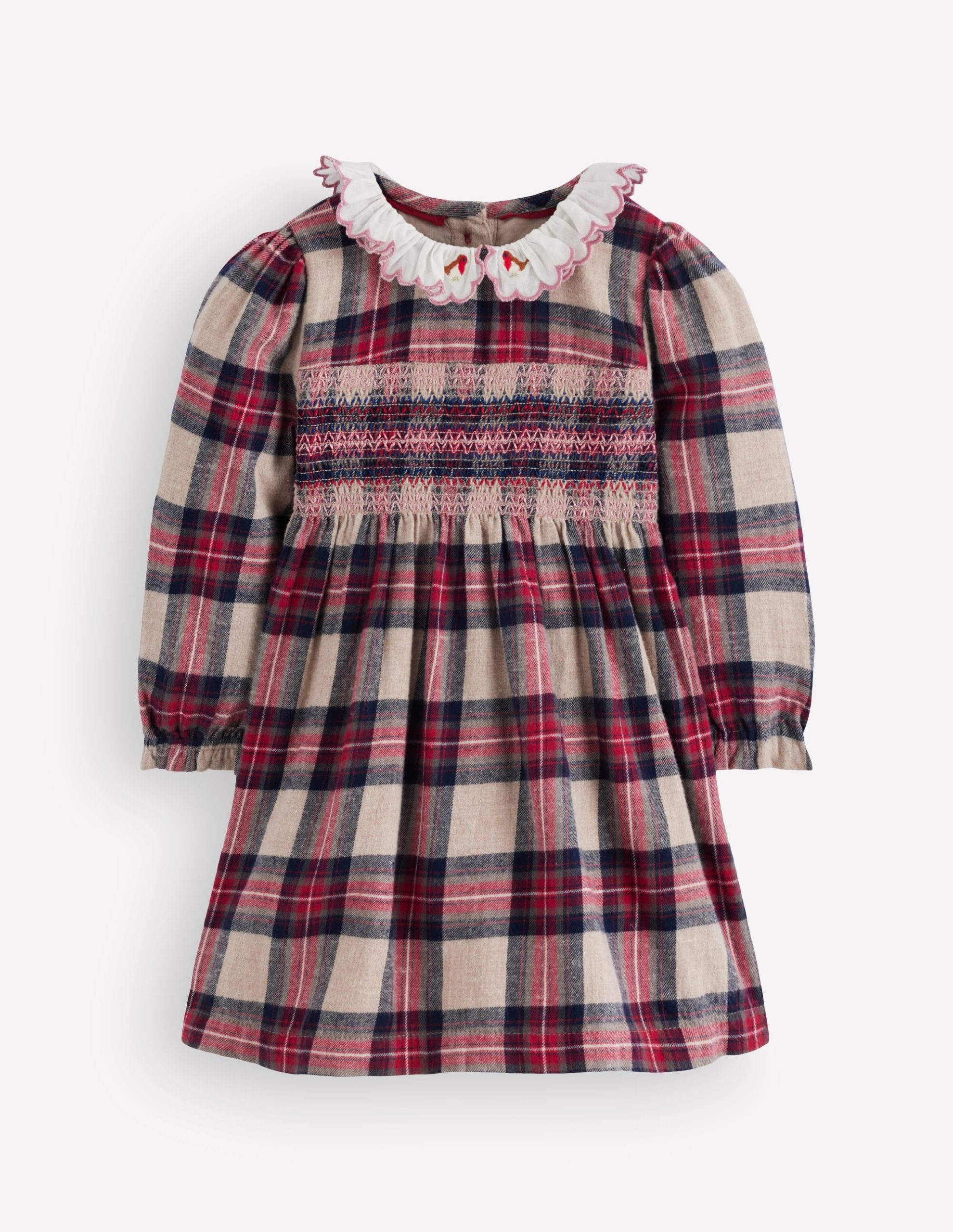 Smocked Party Dress-Oatmeal Check