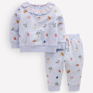 Ruffle Neck Sweatshirt Set-Blue Marl
