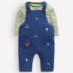 Woven Overalls Set-Denim Woodland Embroidery