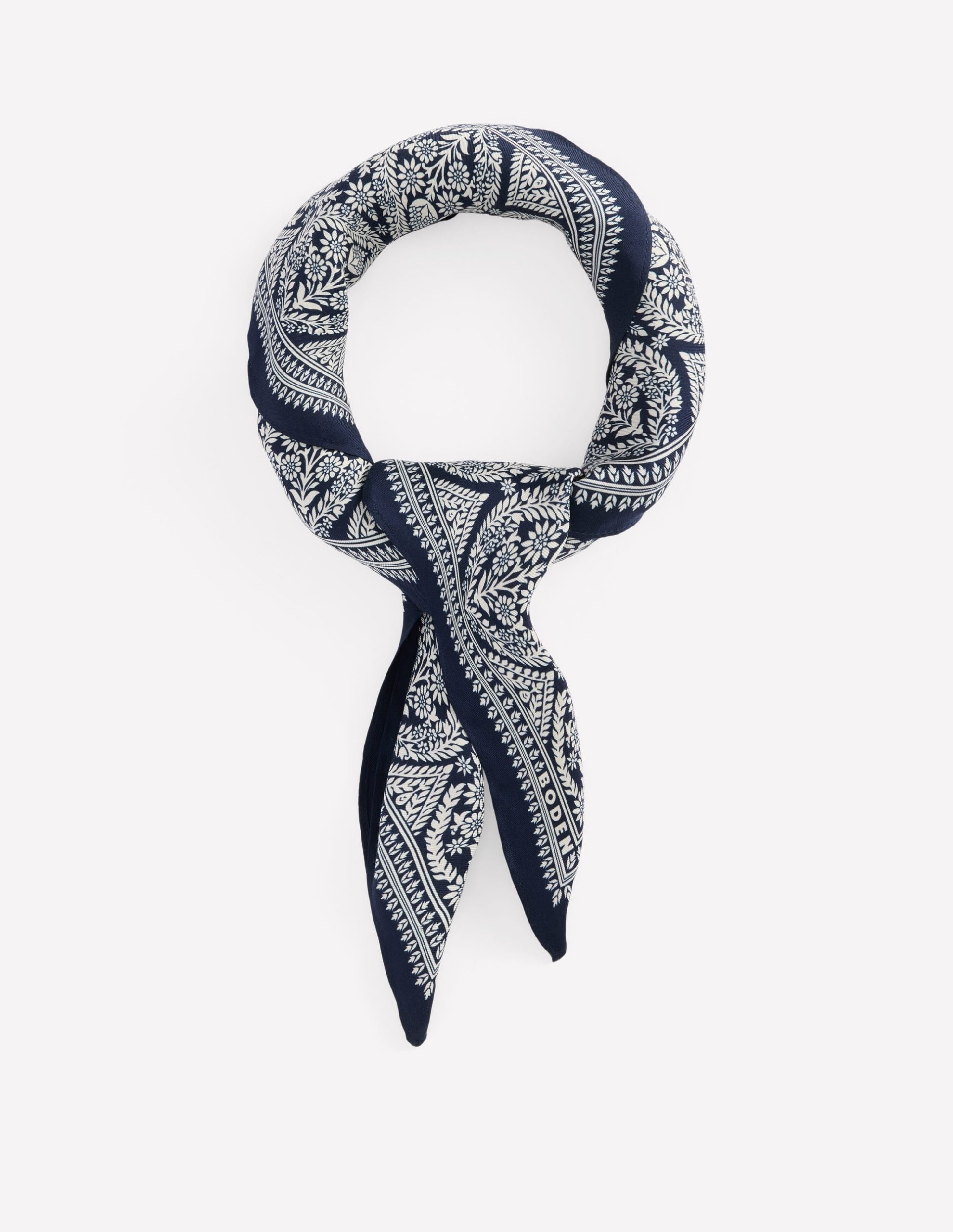 Elisabeth Silk Square Scarf-French Navy. Ornate Gardenia