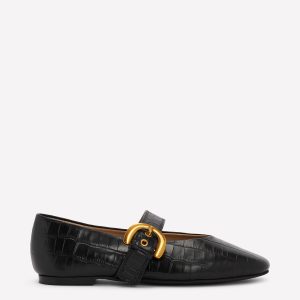 Kylie Flat Buckle Mary Janes-Black Croc Embossed