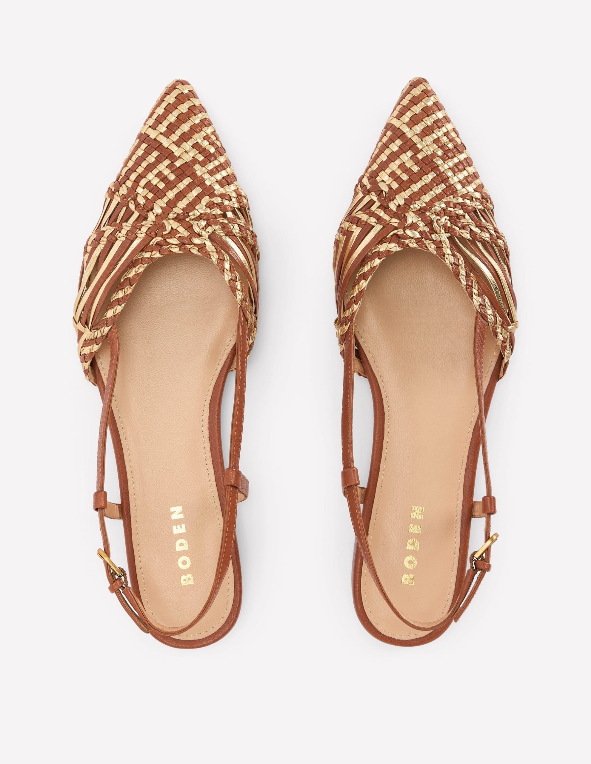 Woven Detail Pointed Flats-Tan/ Gold - Image 5