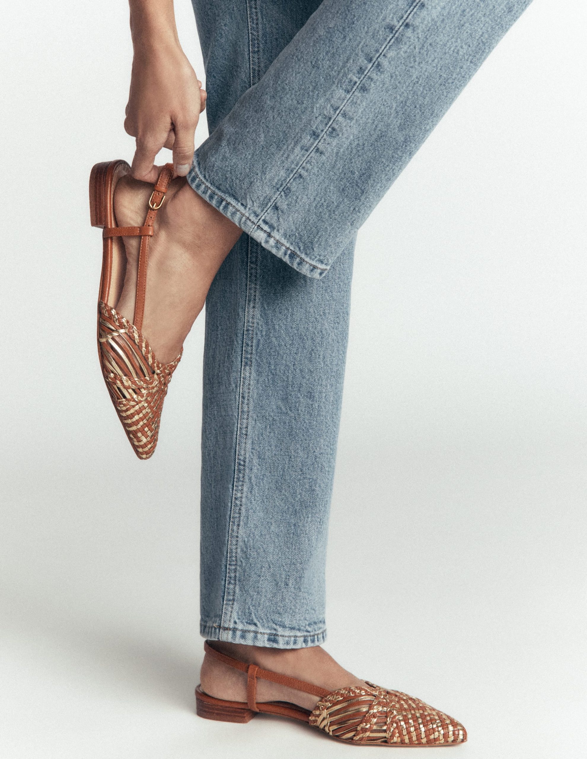 Woven Detail Pointed Flats-Tan/ Gold - Image 2
