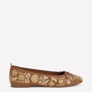Patti Round Toe Ballet Flats-Gold Embroidered