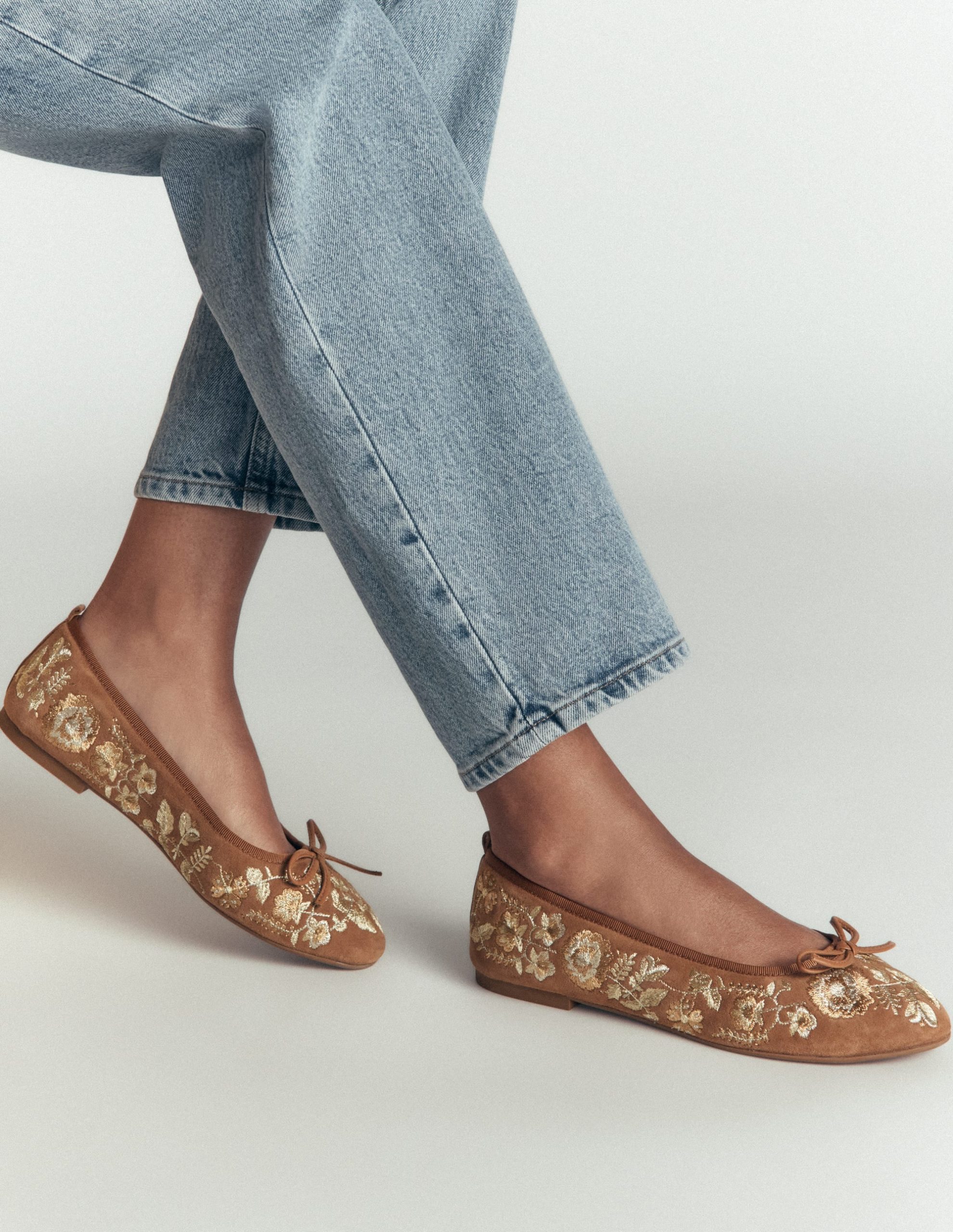 Patti Round Toe Ballet Flats-Gold Embroidered - Image 2
