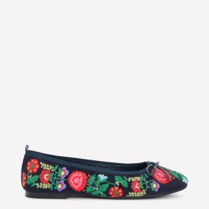 Patti Round Toe Ballet Flats-Navy Embroidered