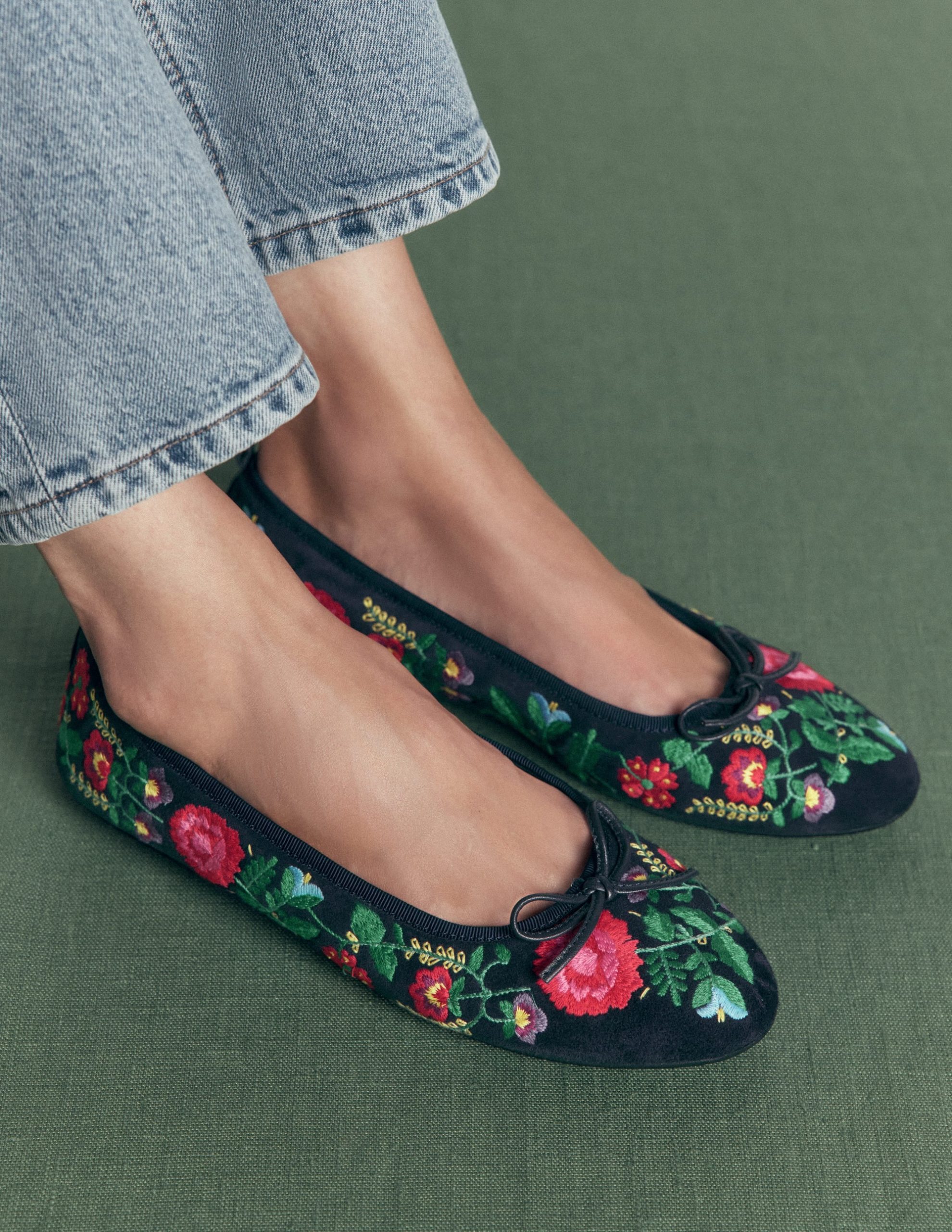 Patti Round Toe Ballet Flats-Navy Embroidered - Image 2