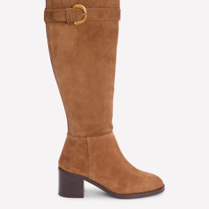 Buckle Detail Knee Boots-Cognac Suede
