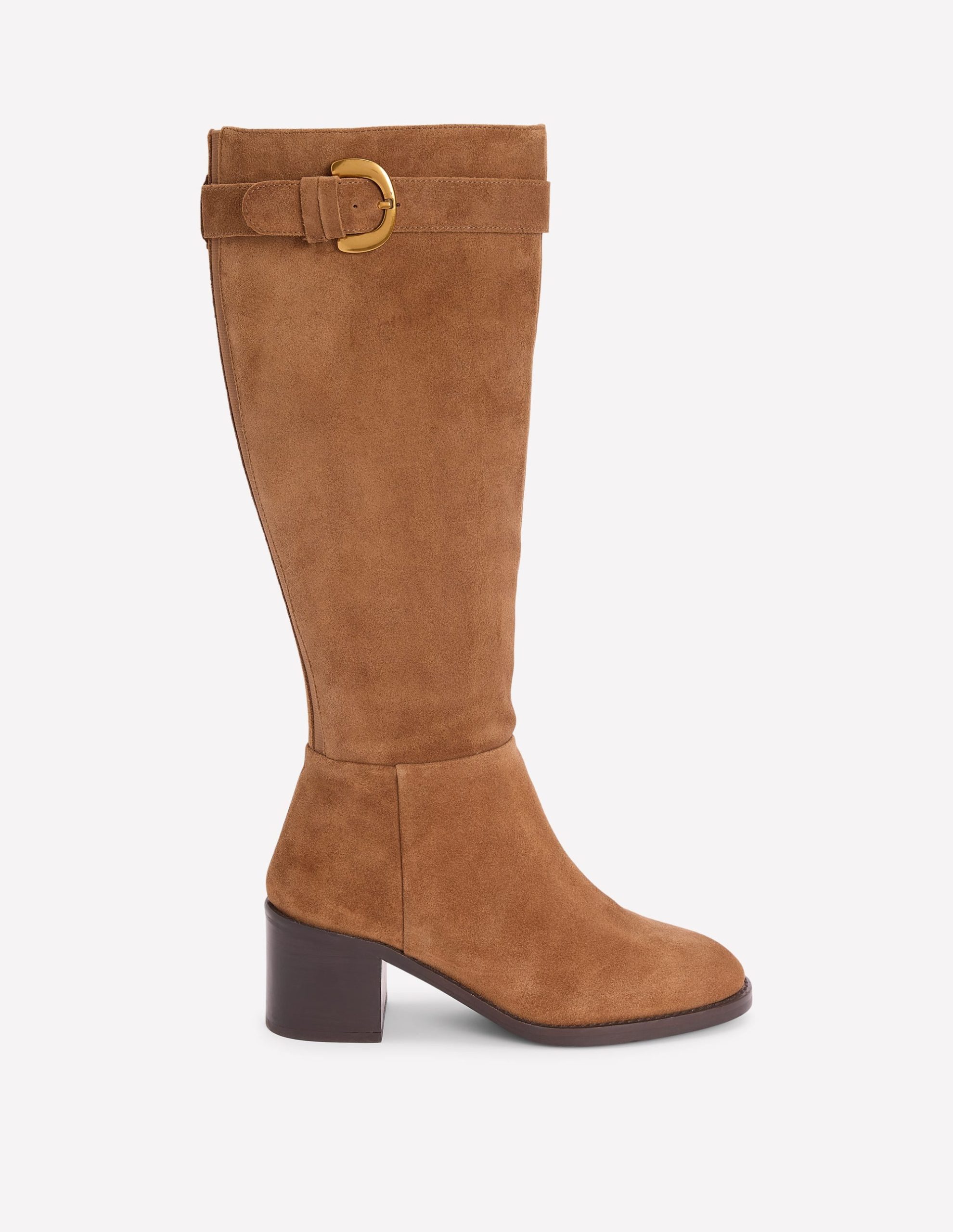 Buckle Detail Knee Boots-Cognac Suede