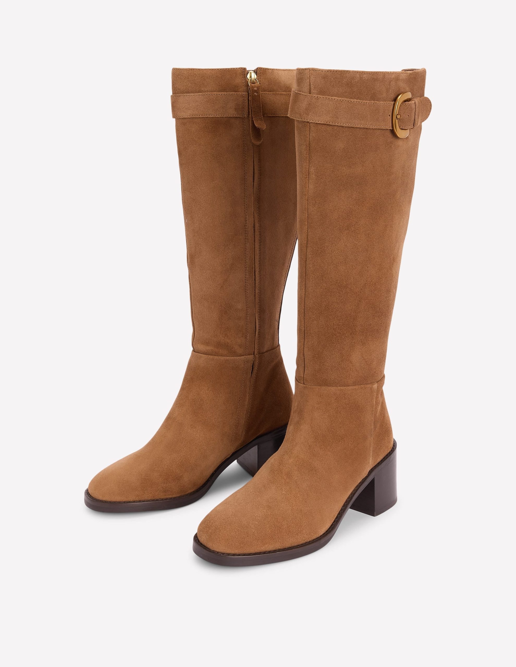 Buckle Detail Knee Boots-Cognac Suede - Image 3