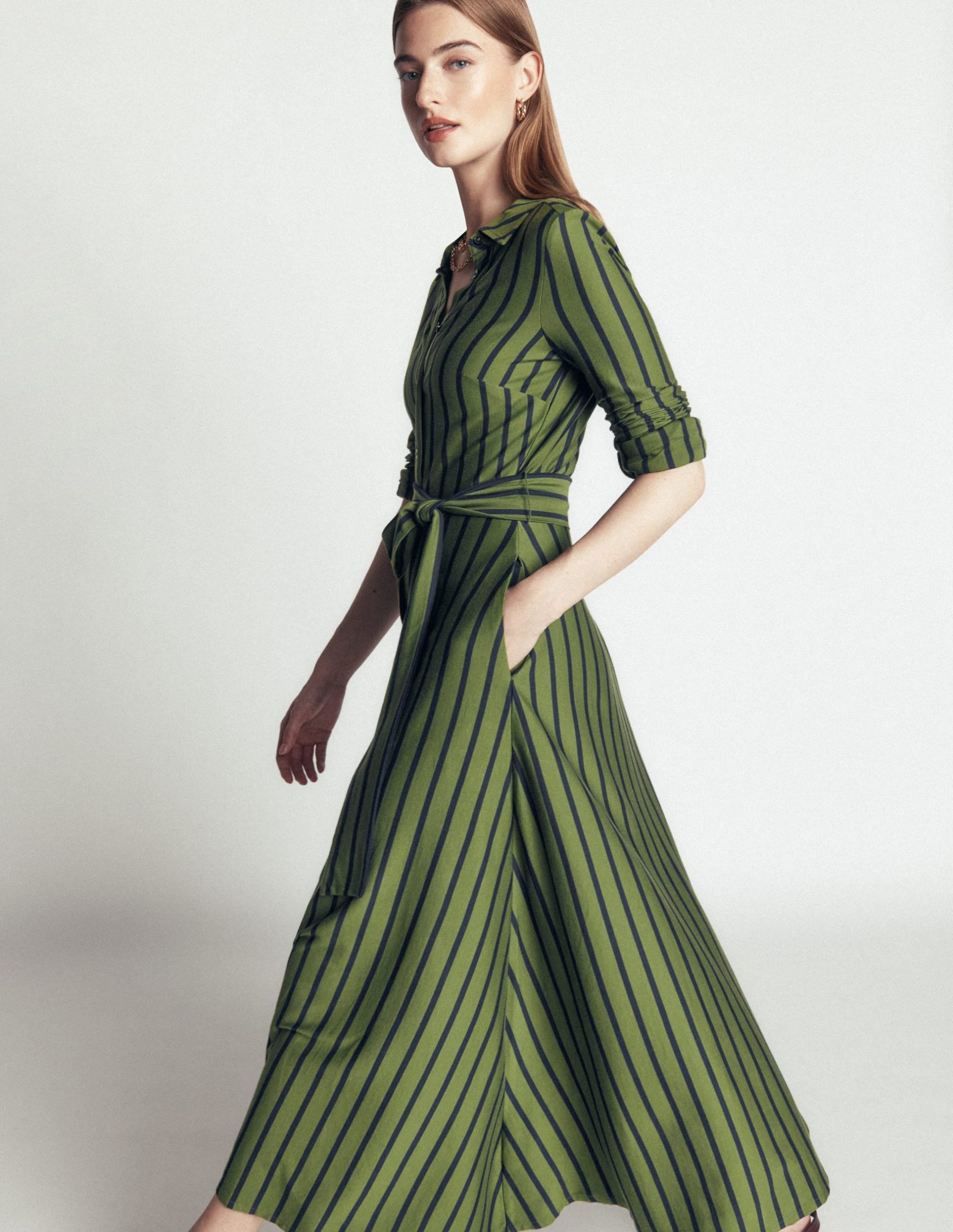 Marcia Jersey Shirt Dress-Chive and Navy Stripe - Image 5