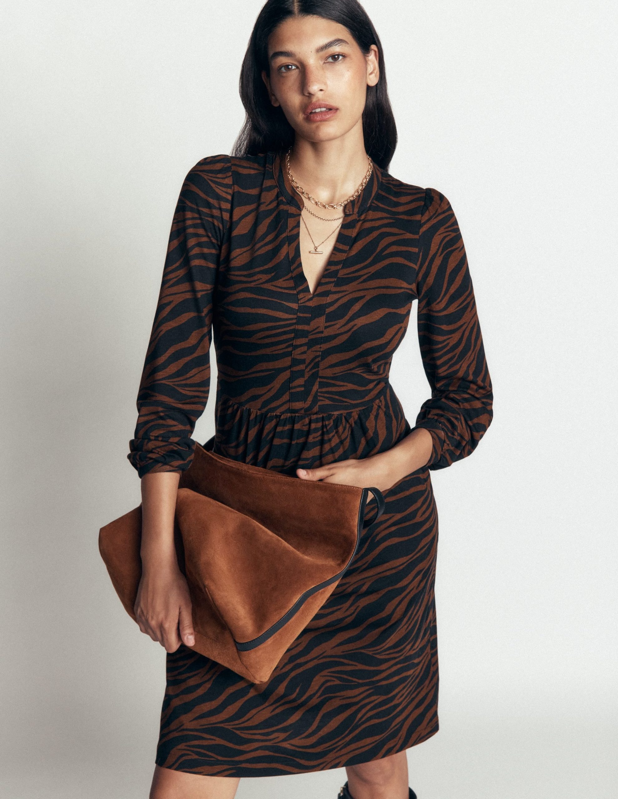Naomi Relaxed Jersey Dress-Raw Umber. Zebra Swirl