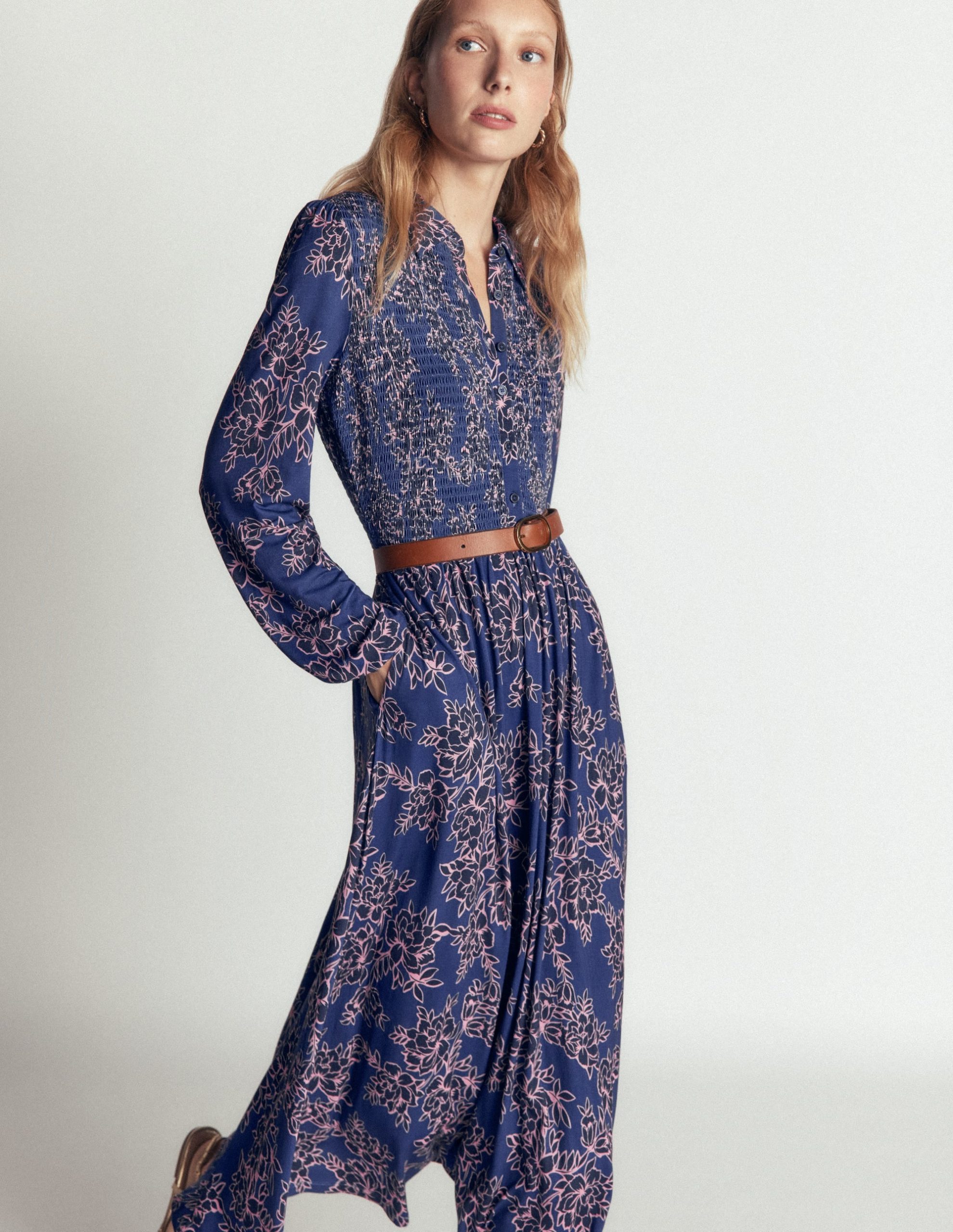 Smocked Jersey Dress-Denim Blue. Enchanted Peony