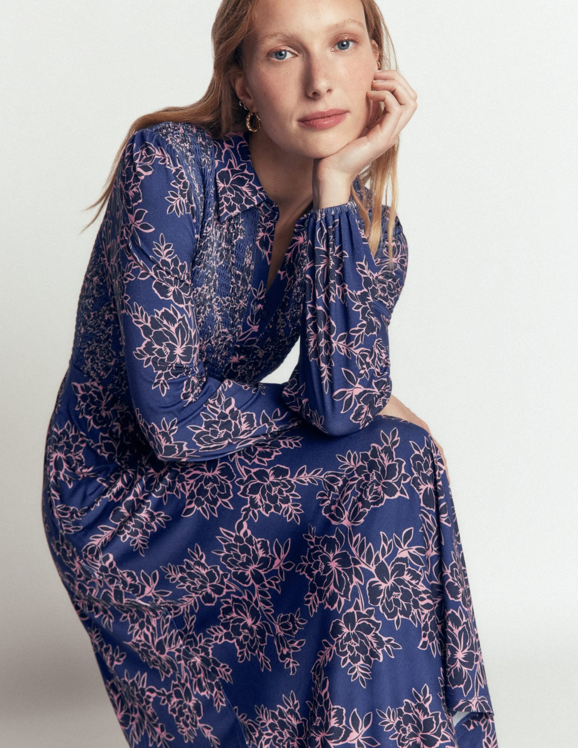 Smocked Jersey Dress-Denim Blue. Enchanted Peony - Image 2
