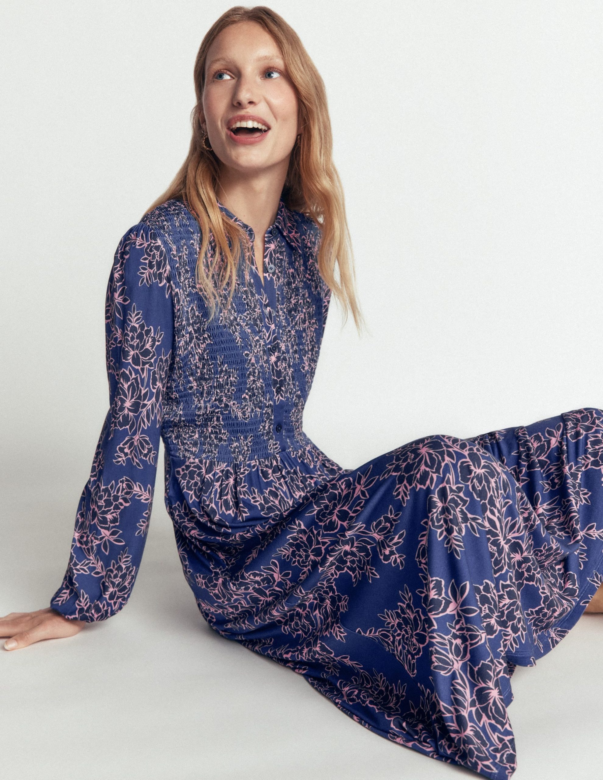 Smocked Jersey Dress-Denim Blue. Enchanted Peony - Image 4