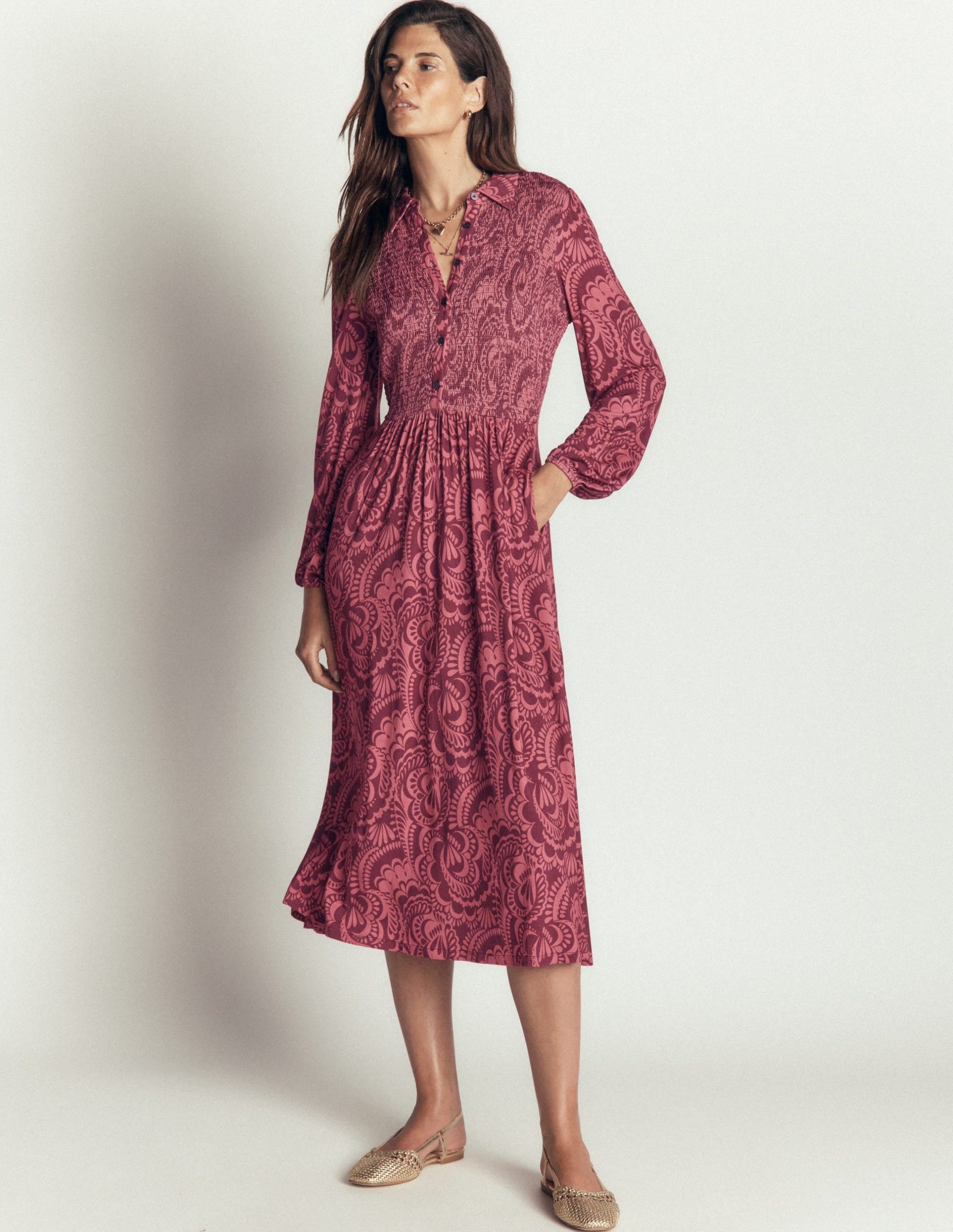Smocked Jersey Dress-Maroon. Flourishing Medley