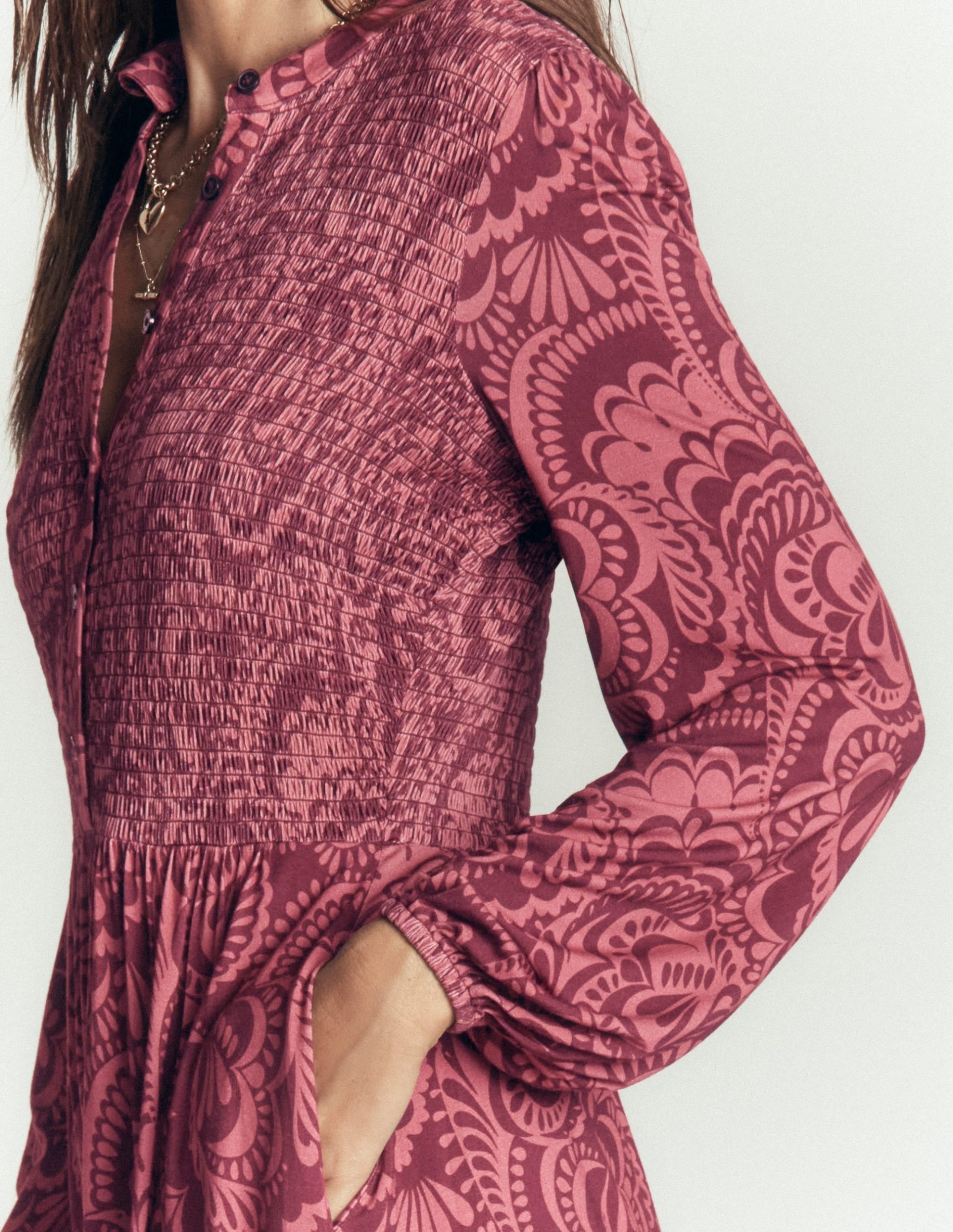 Smocked Jersey Dress-Maroon. Flourishing Medley - Image 2