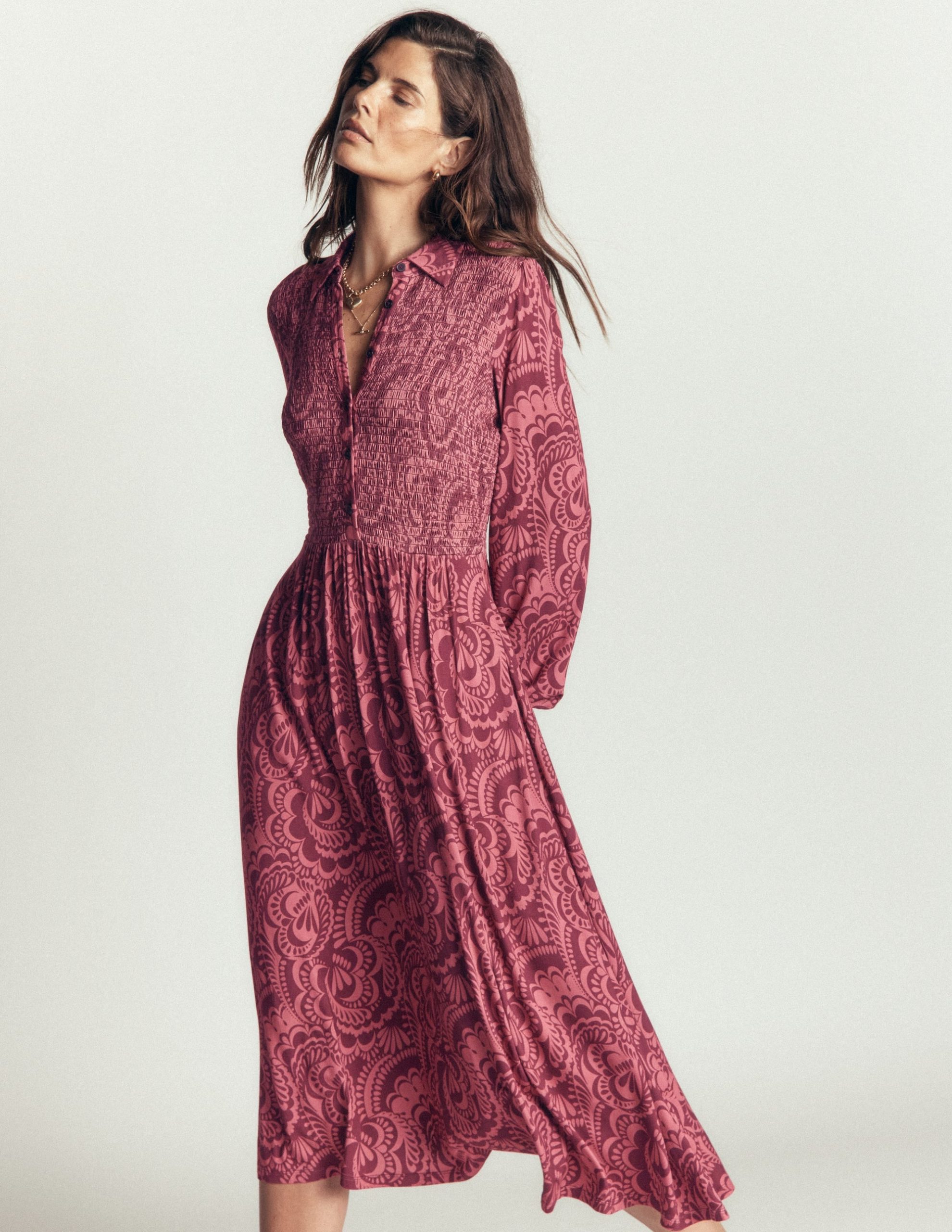 Smocked Jersey Dress-Maroon. Flourishing Medley - Image 4