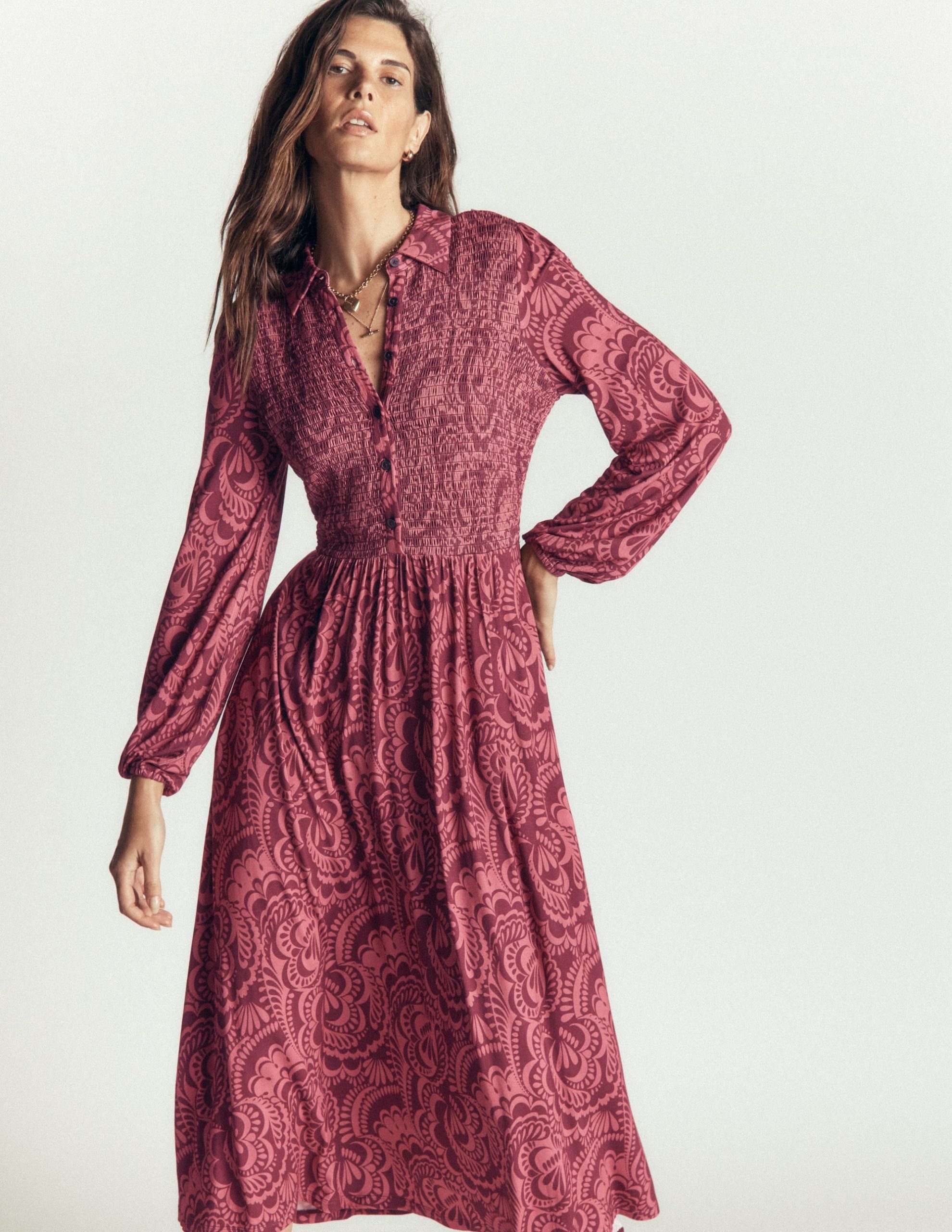 Smocked Jersey Dress-Maroon. Flourishing Medley - Image 5