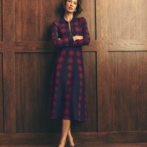 Fiona Zip Front Knitted Dress-Navy and Maroon Argyle